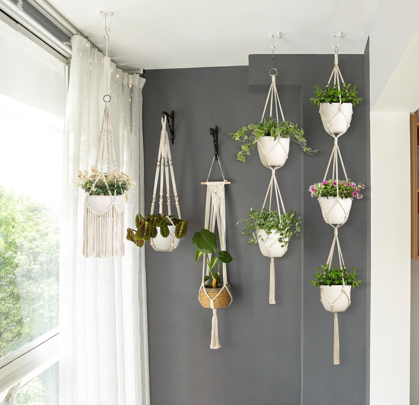 Mkono Macrame Plant Hangers, 5 Pack Different Tiers Indoor Hanging Planters Basket with 5 Hooks Decorative Flower Pots Holder Stand Boho Home Decor, Ivory