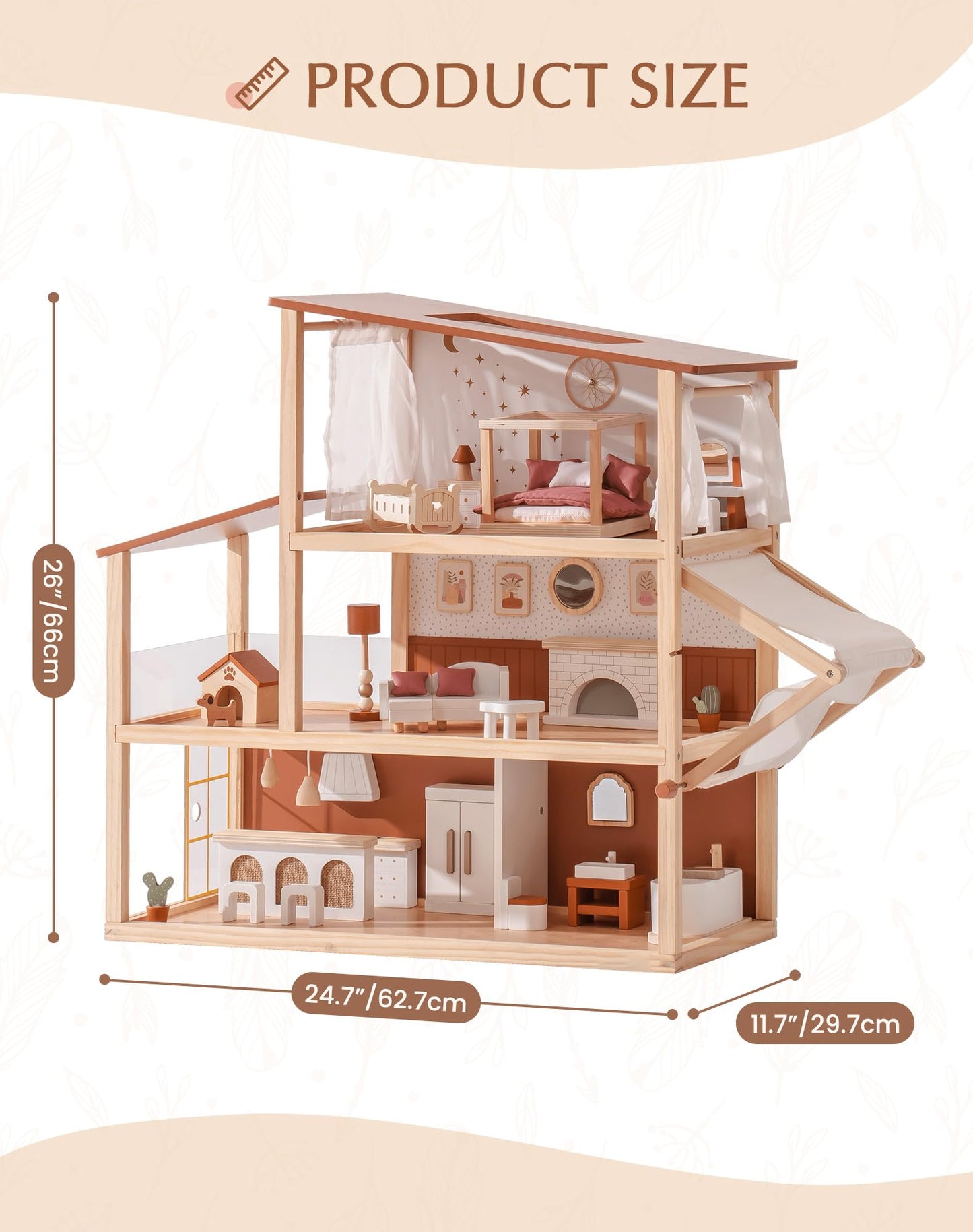 ROBOTIME Wooden Dollhouse, Doll House for Girls – 3-Story Bohemian Style Doll House with 37- Piece Furniture & Awning, Pretend Play Wooden Dollhouse Gift for Kids Ages 3+