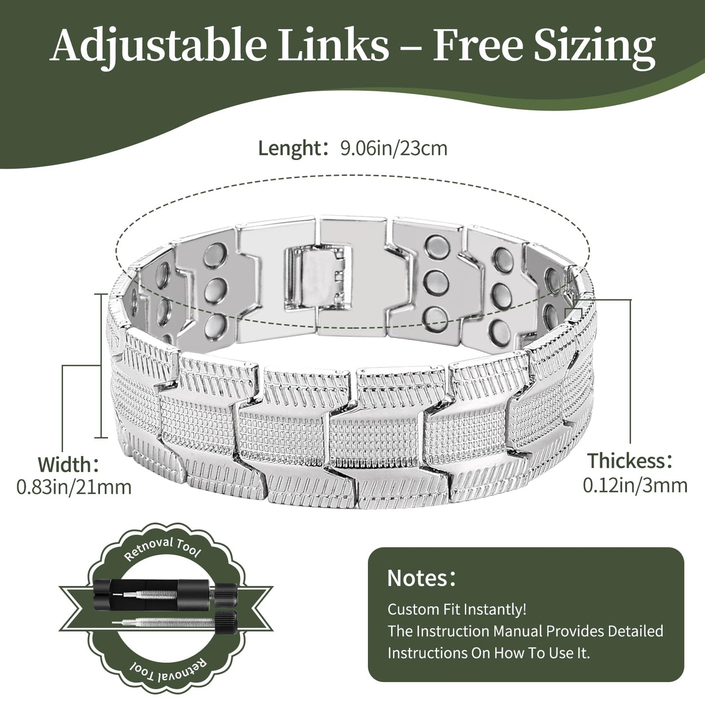 Fvbber 3X Magnetic Bracelets for Men Triple Strength Magnets with Pure Copper Adjustable Length Bracelet for Wrist Support & Wellness - Includes Sizing Tool and Gift Box (Silver)