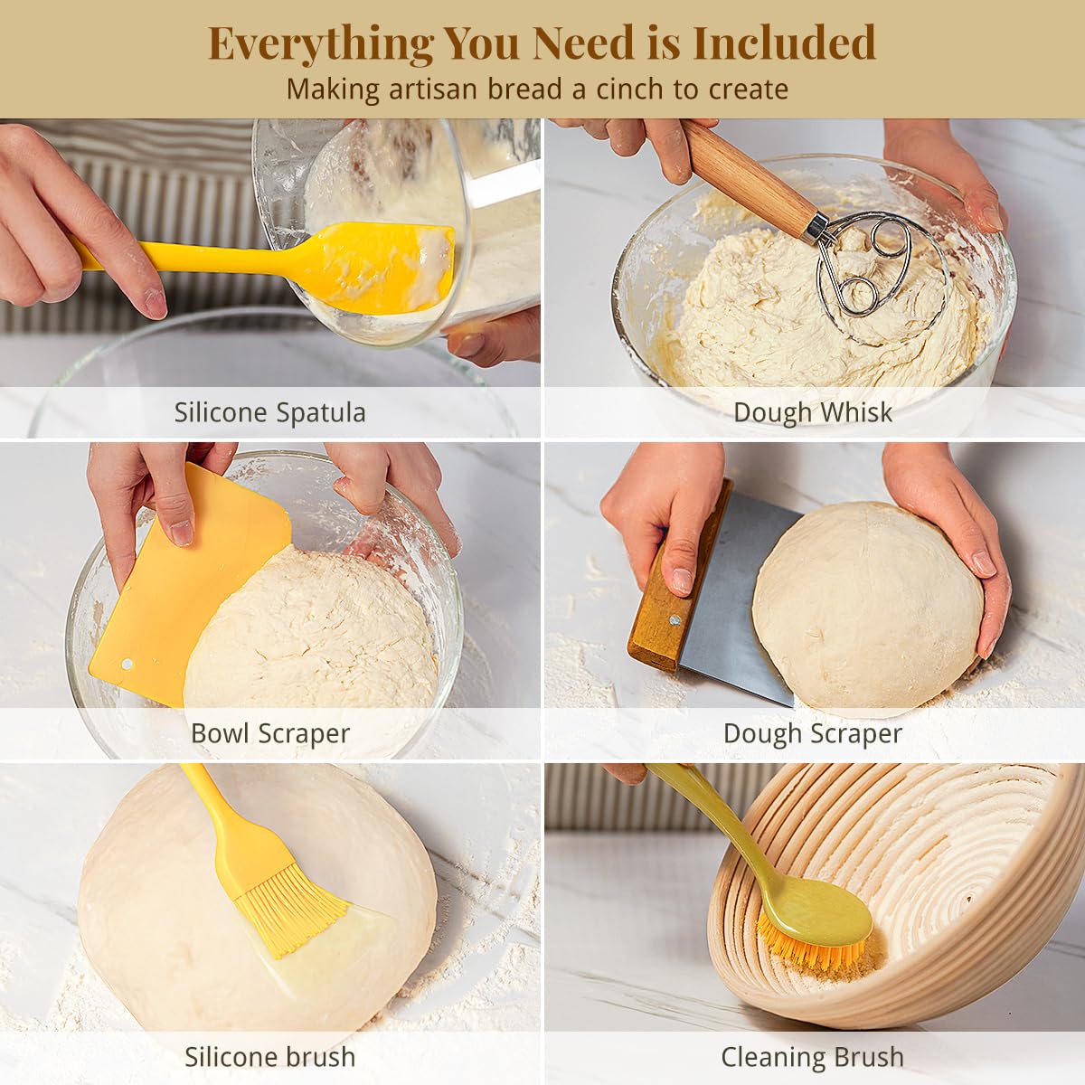 Sourdough Starter Kit, Banneton Bread Proofing Baskets Set, Sourdough Bread Baking Supplies Making Tools with Dough Scraper, Whisk, Bread Lame, Recipe