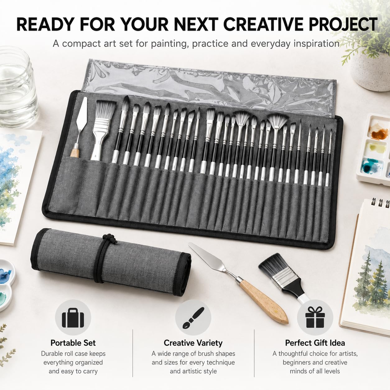 JYN-ANREN 24Pcs Multi-Shape Paint Brushes Set for Acrylic, Oil, Watercolor & Gouache with Palette Knife and Waterproof Canvas Roll, Synthetic Bristles Art Supplies for Artists & Beginners