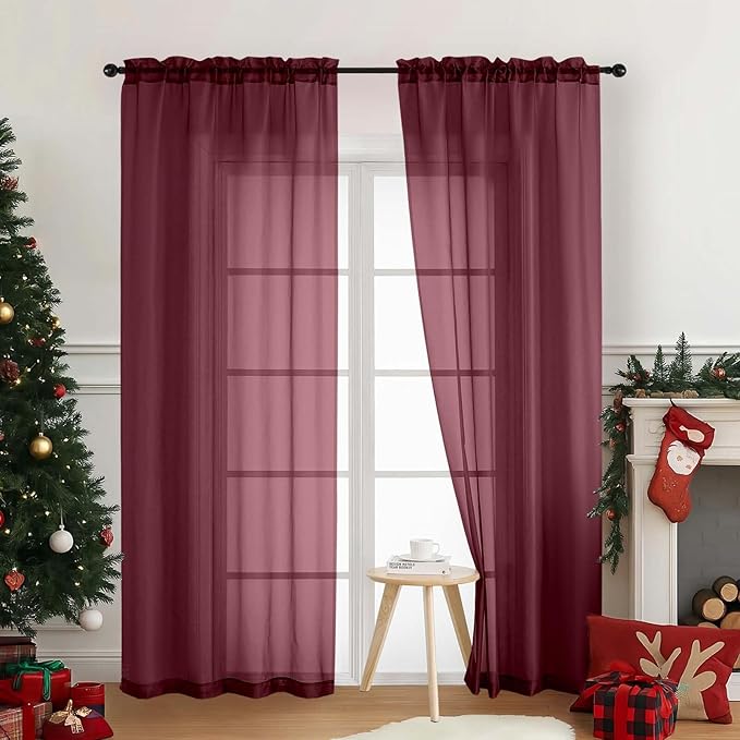 Sheer Curtains 84 Inches Long 2 Panels, Elegant Airy Transparent Light Filtering Window Curtains, Window Drapes for Christmas Party, Dual Rod Pocket Design, Burgundy, 2x42Wx84L Inches