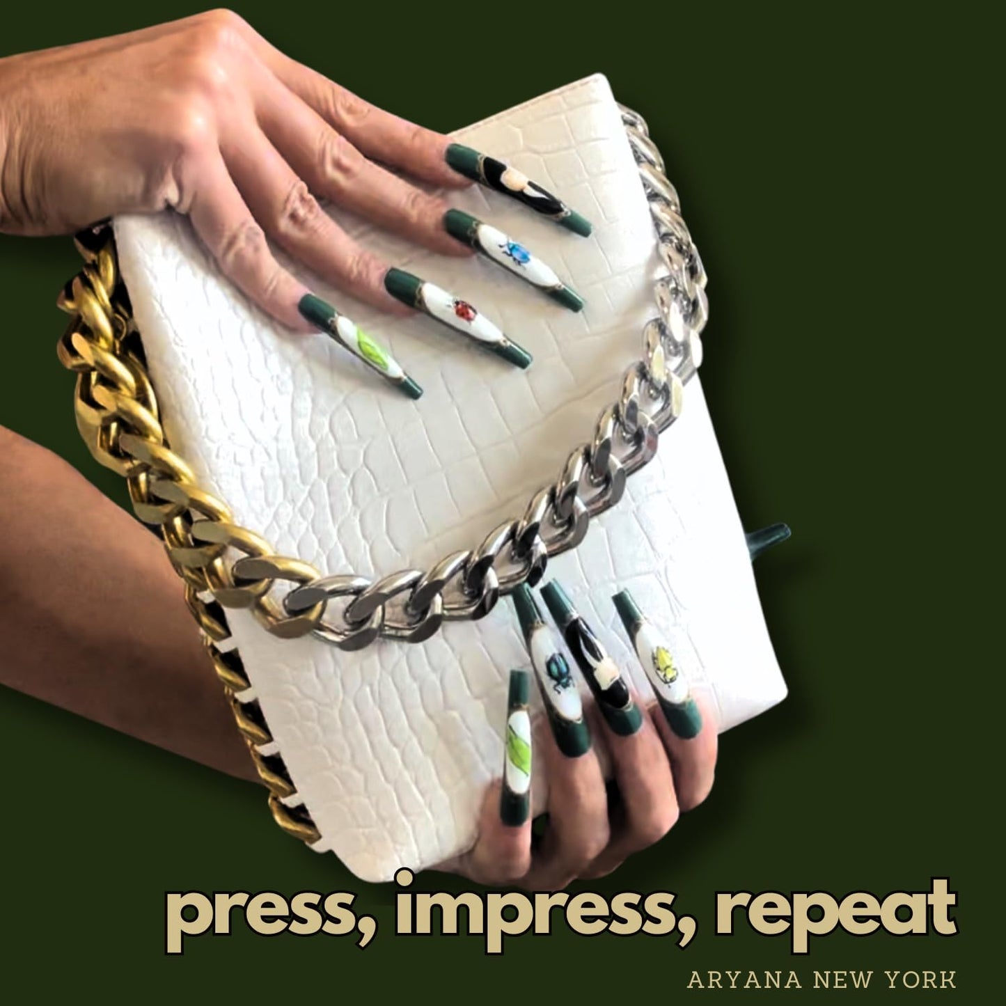 ARYANA NEW YORK Press On Nails Coffin - Handmade, Reusable, Luxury Long Coffin Nails 10 Pcs Handmade Nail Set, Oddities Beetles Collection - (Small)