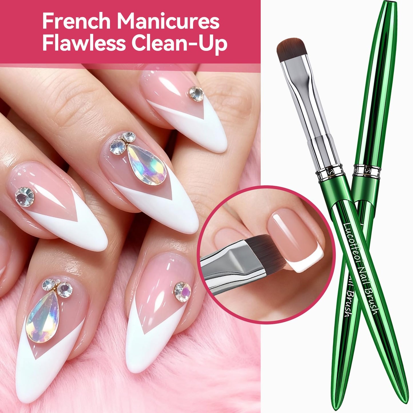 Nail Art Brushes Set 2-Piece: French Tip Brush and 12mm Liner Brush for Gel Clean Up, Smile Lines & Nail Design (Green)