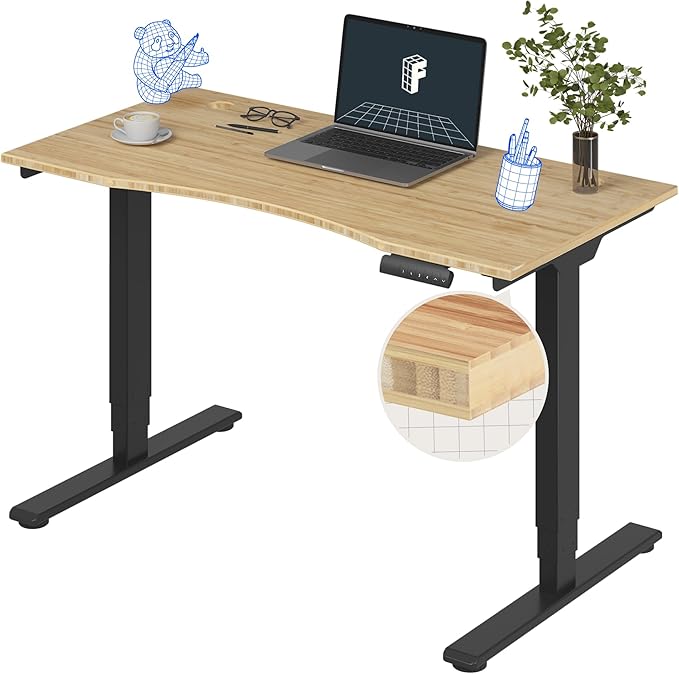 FlexiSpot E6 Bamboo 3-Stage Dual Motor Electric Standing Desk 48 x 24 Sit Stand Up Desk, Holds 220 lbs, Adjustable Height w/ Memory Presets, Solid Bamboo Curved Desktop & Black Frame, Ships in 2 Boxes