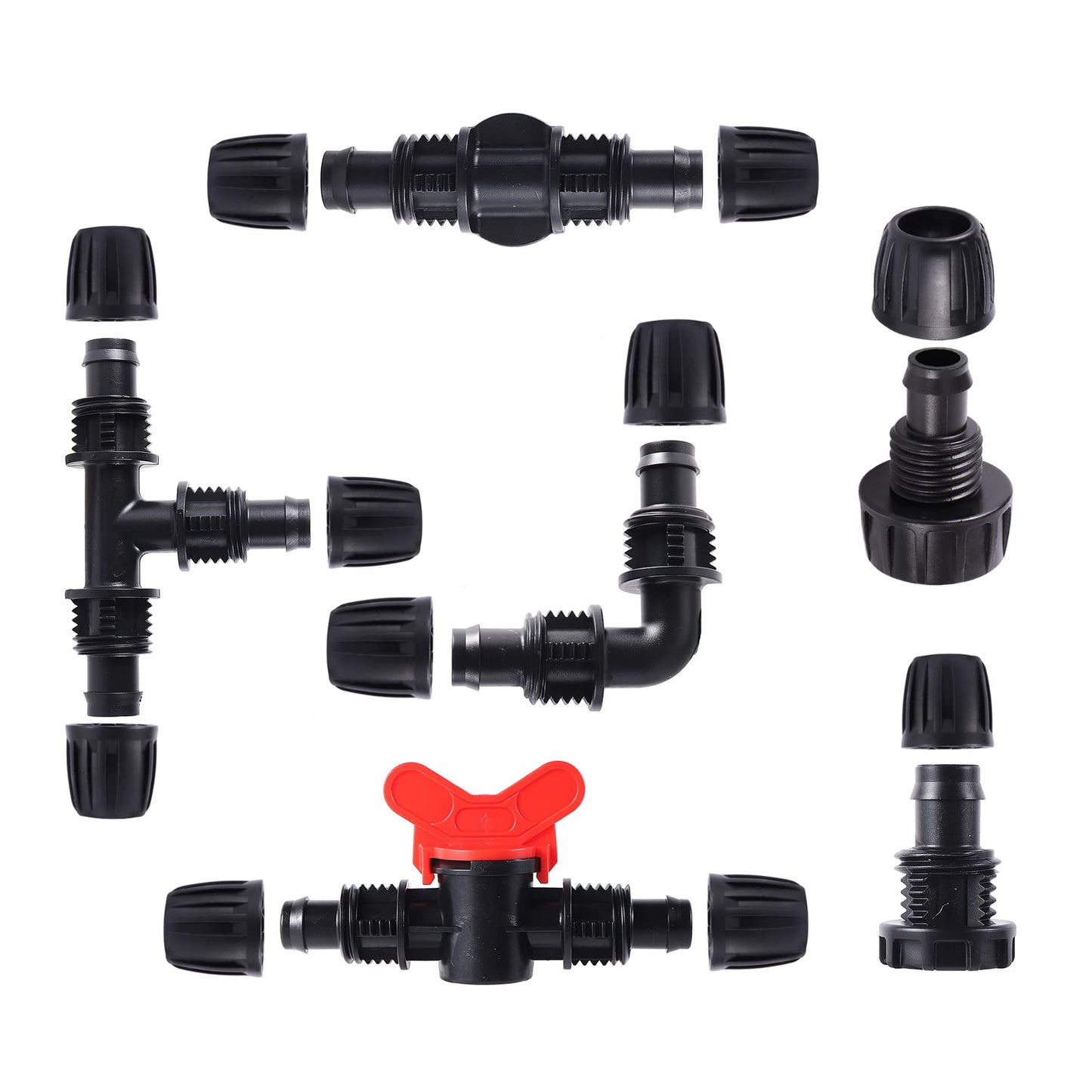 16 Pcs 1/2 inch Tubing Irrigation Fittings Kit, For (1/2" ID x0.6-0.63" OD) 16mm Drip Tubing Barbed Locked Nuts Connectors 2 Ends,2 Elbows,2 Switch Valves,2 US Standard Adapters,4 Tees 4 Couplings