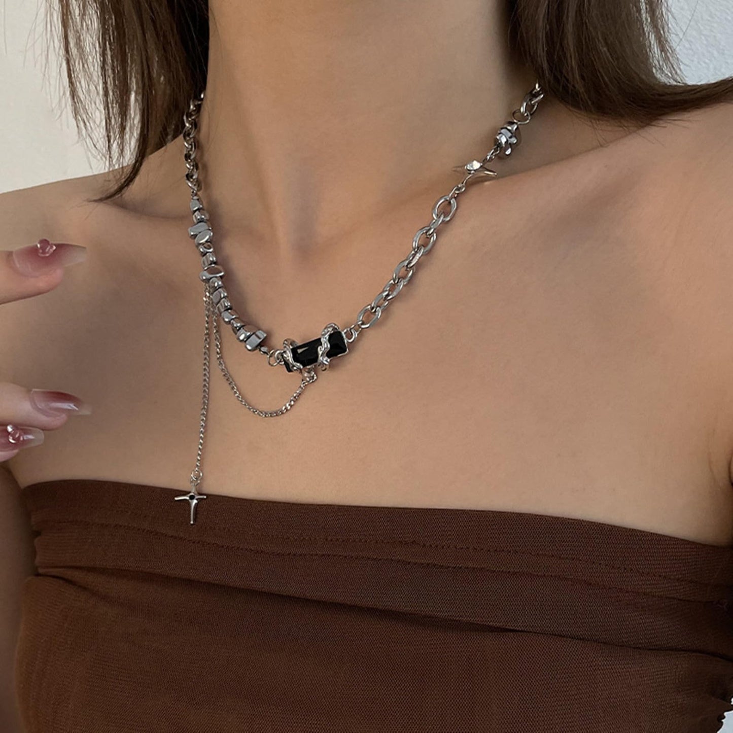 Buyongwant Irregular Necklace Y2k Collar Chain Black Pendant Star Splice Fashion Style Trend Retro