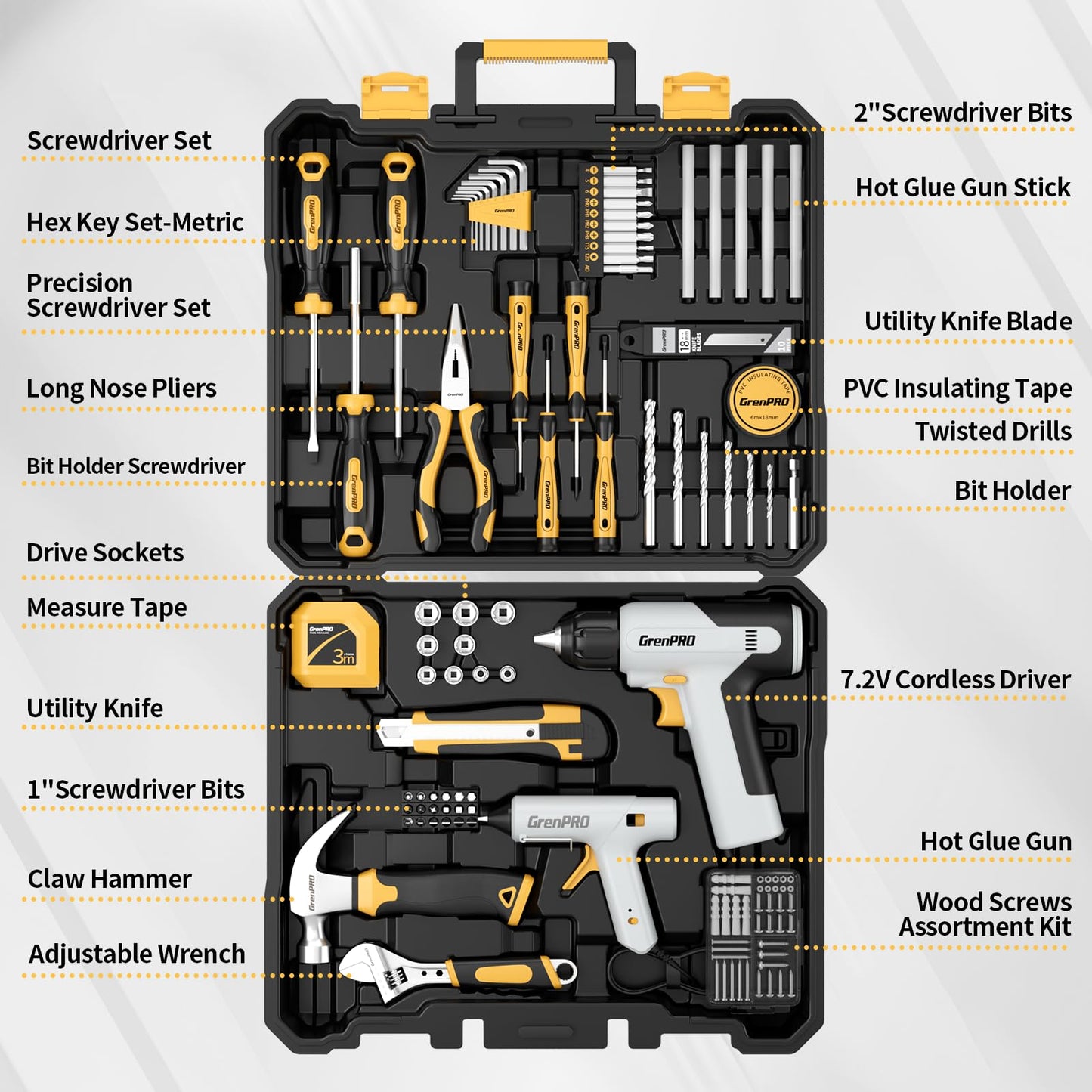 GRENPRO Tool Set Drill Set, 188PCS Tool Kit for Home with Cordless Drill Power, Hand Tool Kit for Women, Basic Household Auto Car Repair Tool Box for Men, Portable Plastic Storage Box Tools Sets