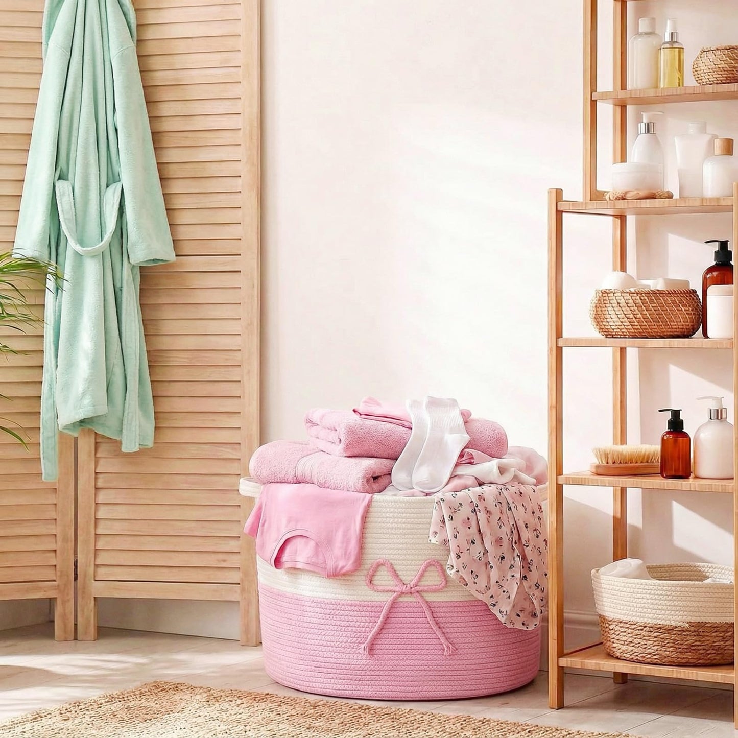 Breling 70L Pink Bow Extra Large Cotton Rope Basket 21" x 14", Woven Baby Laundry Blanket Basket Box with Handle Storage, Blanket Storage for Living Nursery Pillows Laundry Baby Toy Chest