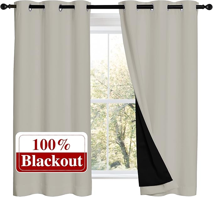 NICETOWN 100% Blackout Curtains 54 inches Long, Double-Deck Completely Blackout Window Treatment Thermal Insulated Lined Drapes for Small Window (Natural, 1 Pair, 42 inches Width Each Panel)