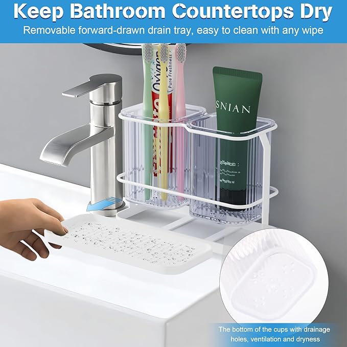 Countertop Toothbrush Holders, Wall Mounted Electric Tooth Brush and Toothpaste Holder for Bathroom with Hook, 2 Cups Toothbrush Organizer with Drain Tray Bathroom Accessories Storage (White)