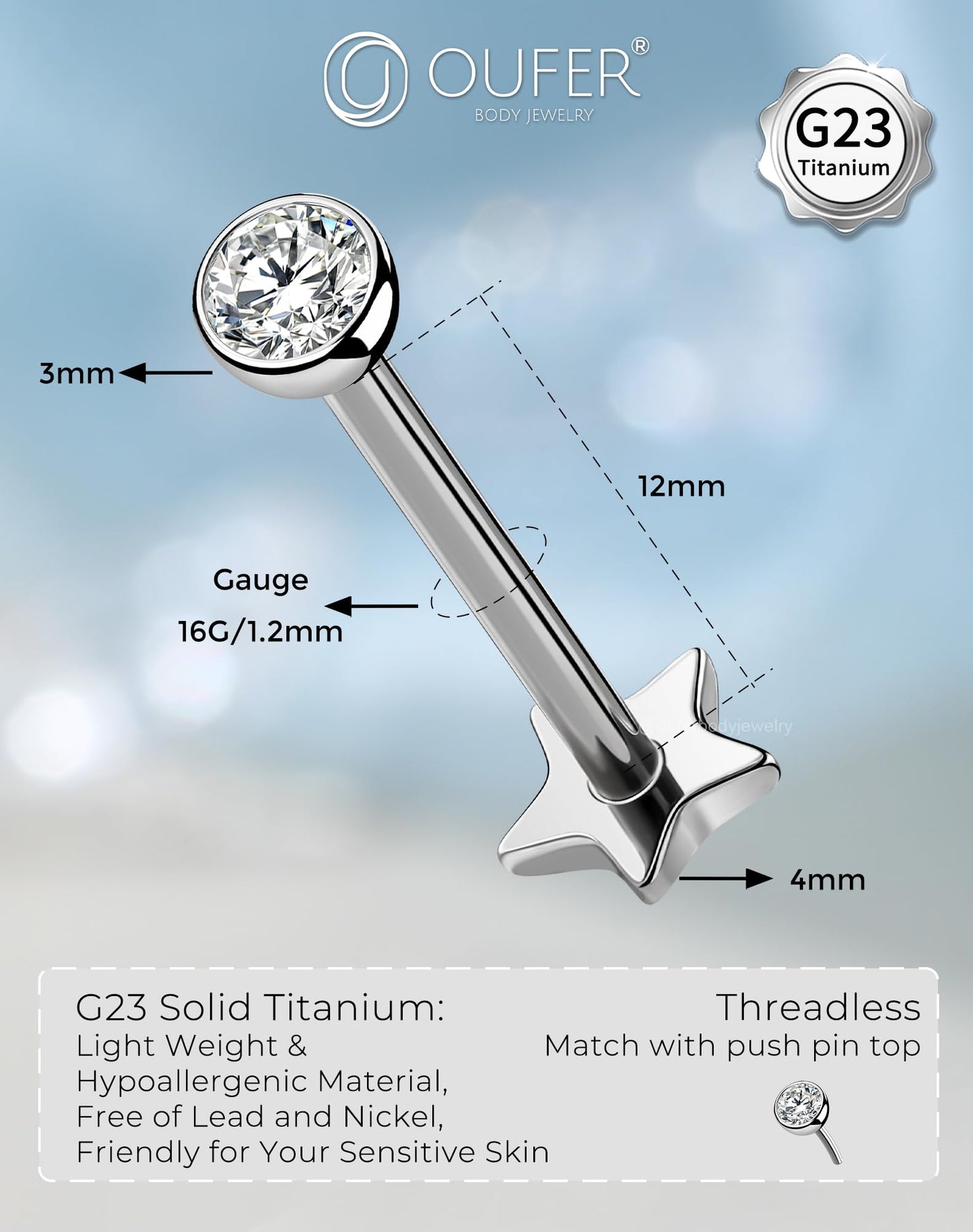OUFER 2Pcs Conch Piercing Jewelry, 16G G23 Solid Titanium Push in Earring Stud Flat Back Star Heart Shaped Tiny CZ 3MM Silver Helix Cartilage Conch Lobe Earrings for Women Men-12MM