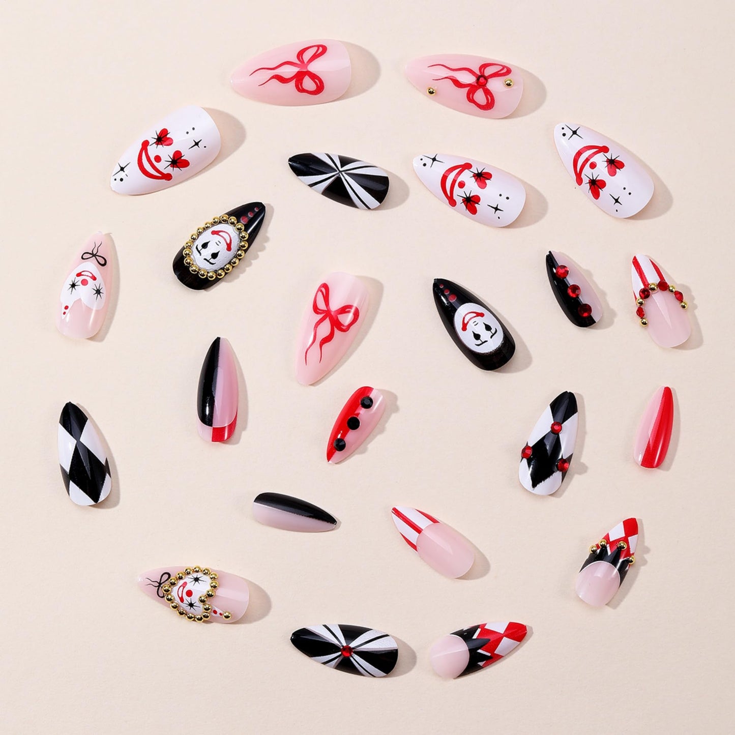 SEENEEY Almond Press on Nails Long Fake Nails Red and Black Artificial Nail Clown Poker Designs Rhinestones Stick on Nail for Women 24pcs