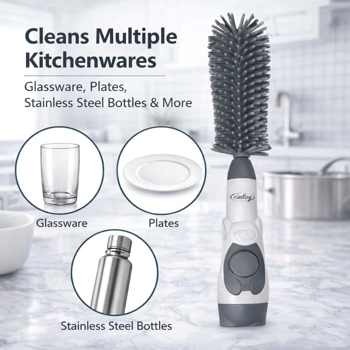 Soap Dispensing Brush Cleaner for Kitchen, Glassware, Mugs, and Plates, BPA Free Silicone Bristles, Portable Comprehensive Multi-Purpose Cleaning