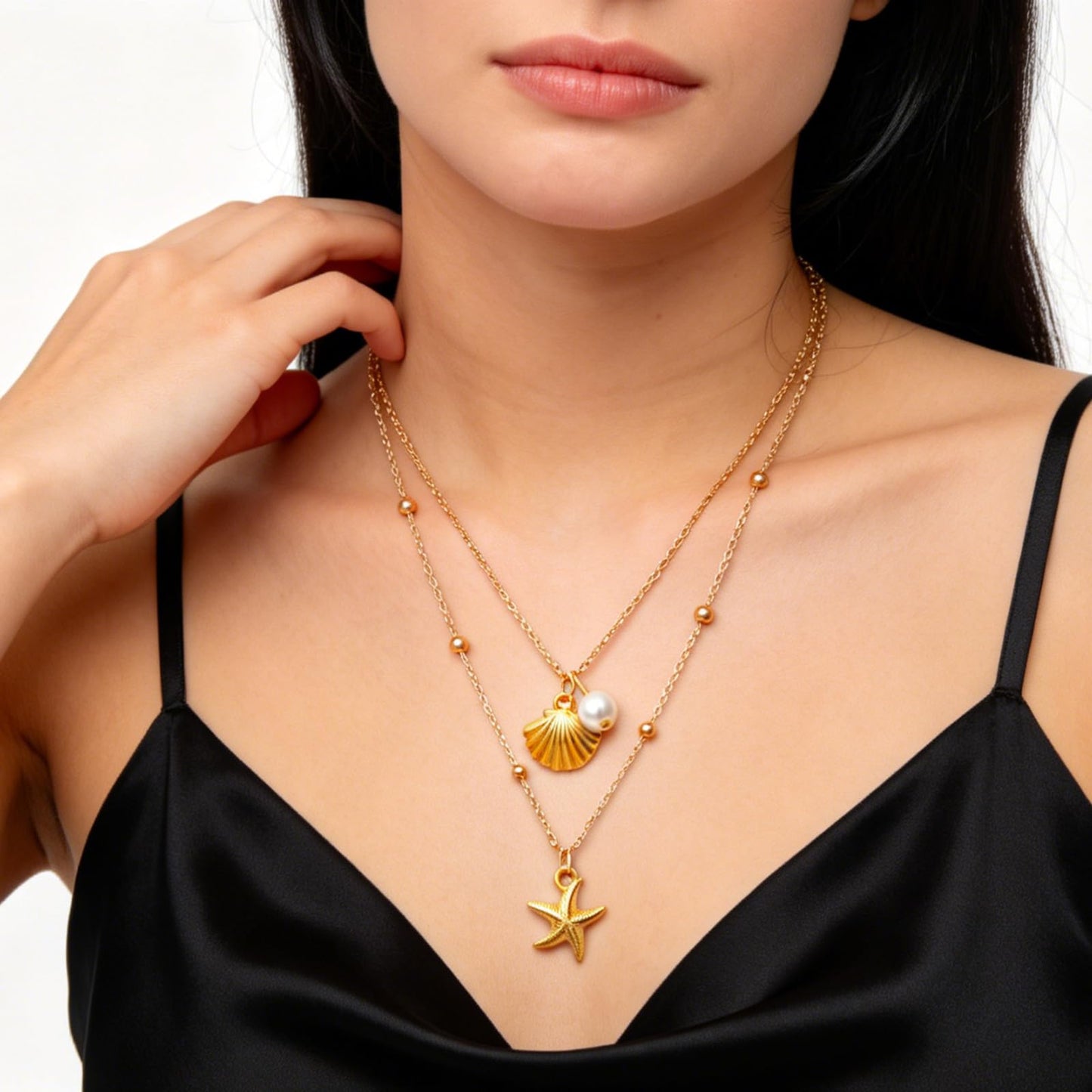 Starfish Shell Necklace for Women, 14K Gold Plated Layered Shell Starfish SeaShell Pearl Pendant Charm Beaded Necklace Stack Dainty Beach Ocean Beachy Necklaces for Women Summer Vacation Non Tarnish