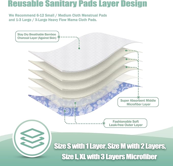 wegreeco Reusable Menstrual Pads - Reusable Sanitary Pads | Reusable Panty Liners | Soft Cloth Menstrual Pads - 6 Pack, 1 Cloth Wet Bag (in Full Bloom Flower, Medium)