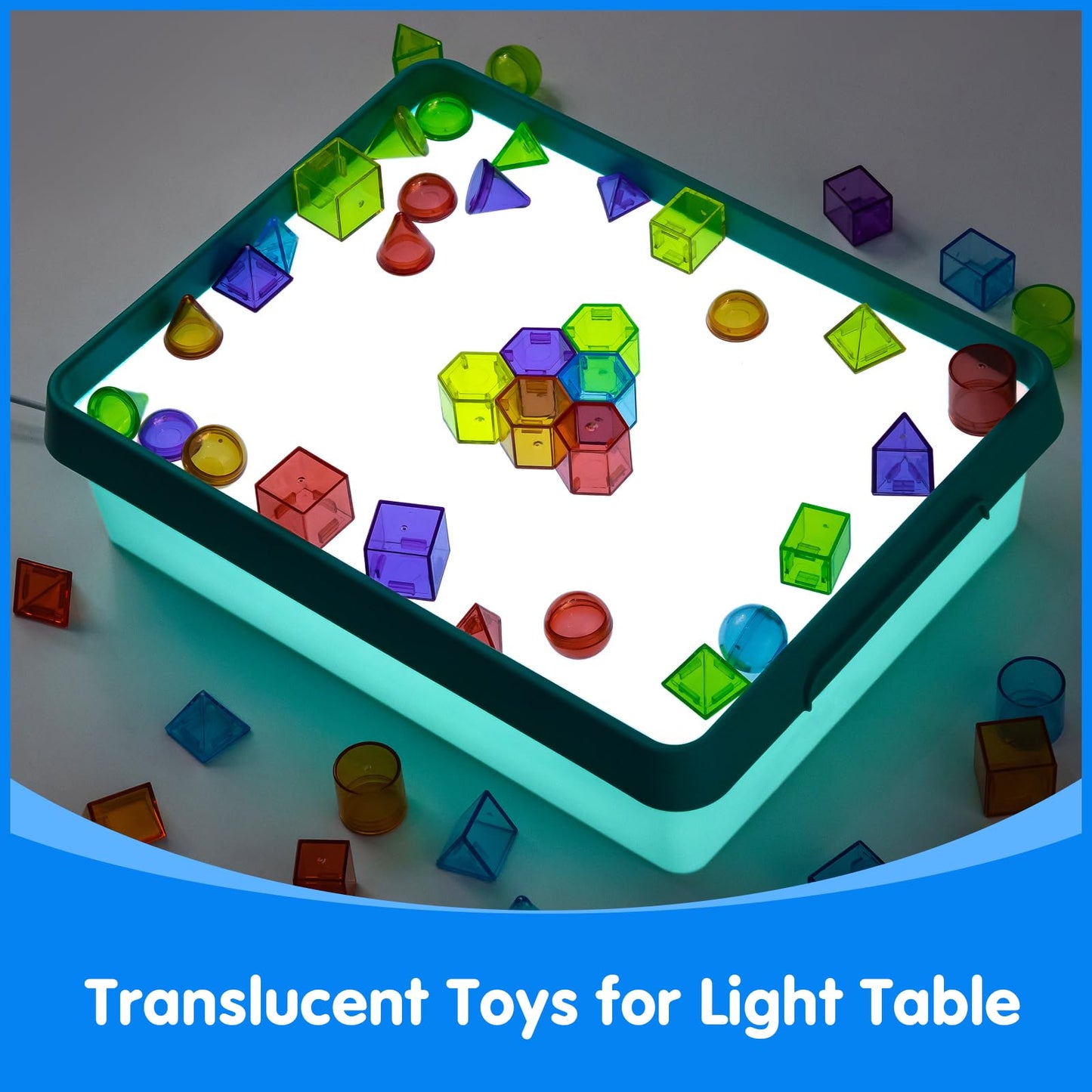 Odoorgames Light Box with Shapes & Cards Set – Light Table for Kids, Educational Toys for Tracing, Sensory Play & Early Learning (Cyan)