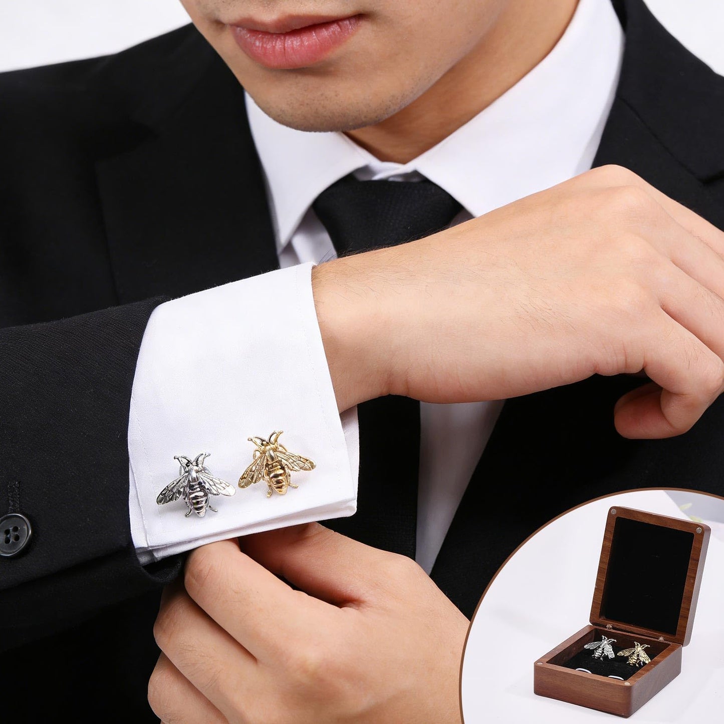 CONCHLERY Wooden Cufflink Tie Clip Box Rectangle Wood Cufflink Gift Box Coconut Brown Jewelry Display Box for Engagement Birthday Anniversary 3.54x2.95inch, Black Inside