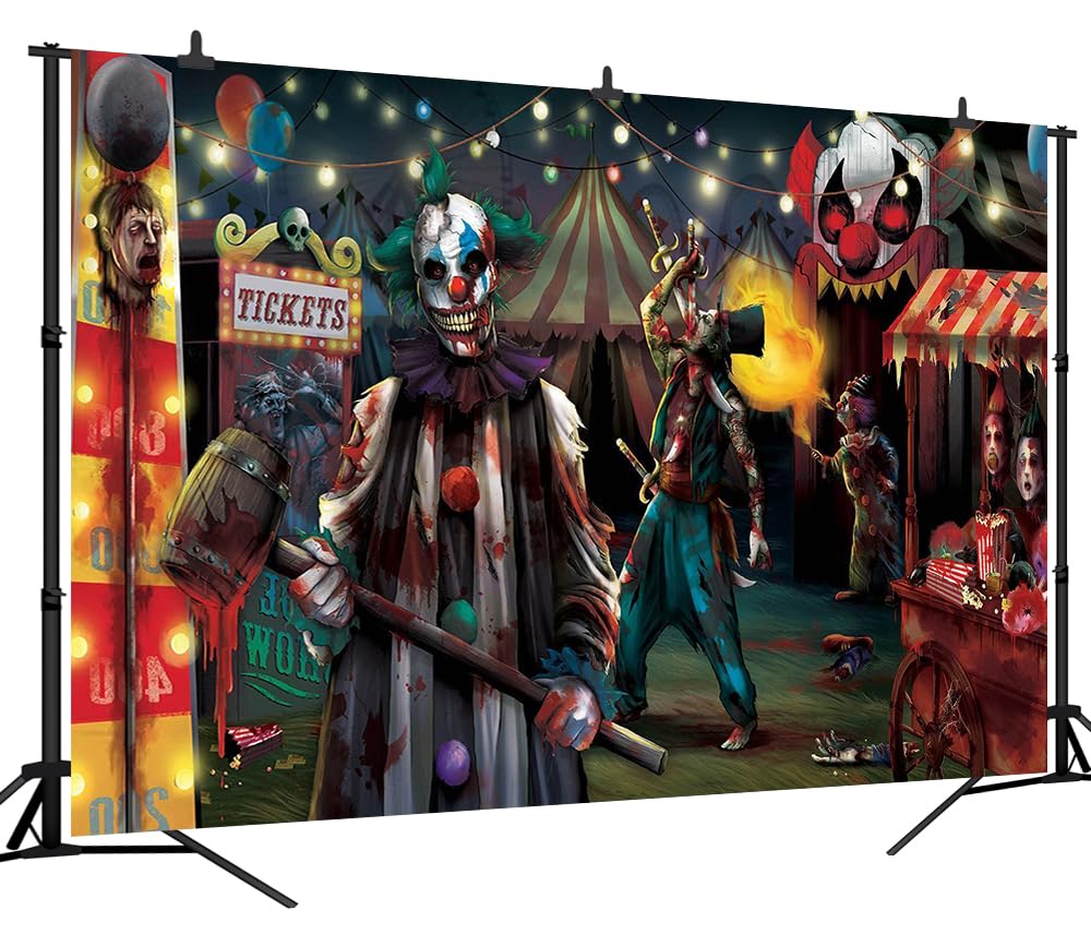 DULUDA 8x6 FT Halloween Evil Circus Clown Theme Backdrop Haunted House Horror Scary Evil Circus Clown Creepy Carnival Birthday Party Decorations Photography Background Banner Studio Props, Clear
