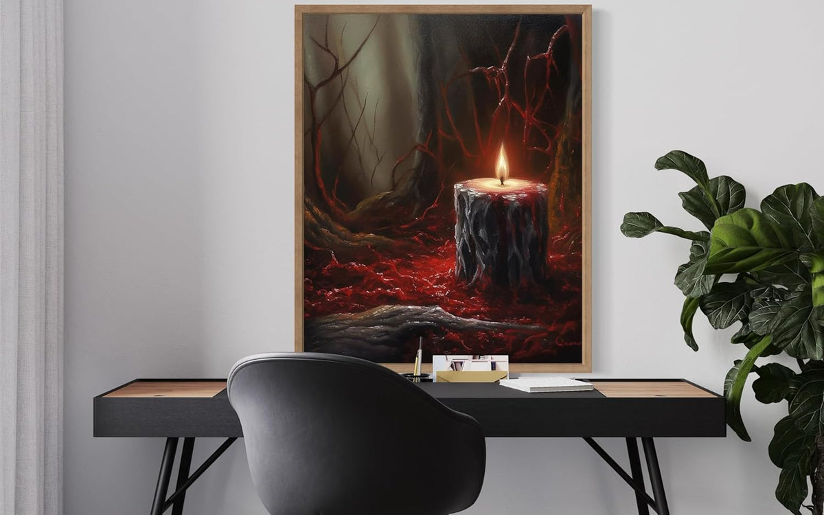 Gothic Candle Poster Art Print, Halloween Scary Vintage Wall Art Academia Spooky Painting Decoration for Horror Prints, Posters Bedroom Decor 89 (Gothic Candle, 16 x 20 inches, Wood Frame)