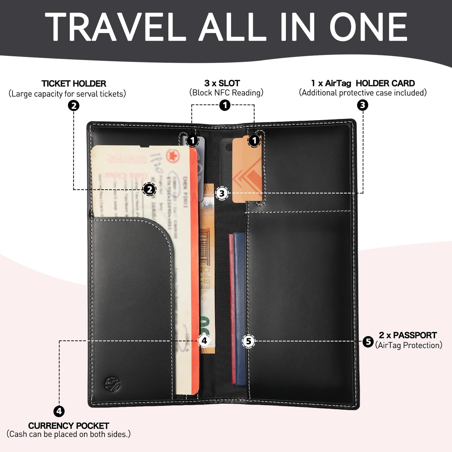 Travel Wallet Passport Holder RFID Blocking Genuine Leather Cover with Smart Tracker Slot RFID Passport Wallet for Family Use (Black)