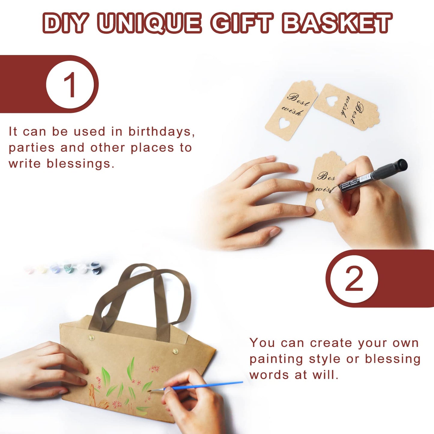 KEVTVEK Bigger Baskets for Gifts Empty, 6 Pack Sturdy Kraft Basket With Handles Gift Basket Kit, 6 Shrink Wrap Bags, 6 Bows and Hang Tag, Empty Gift Baskets to Fill for Graduation, Baby Shower