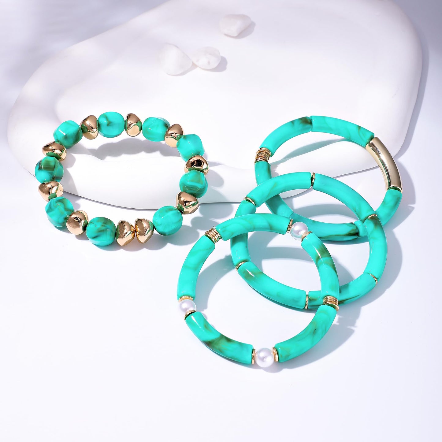 GOOJIDS Simple Beaded Gold Plated Bangles Bracelet Chunky Bamboo Tube Curved Stacking Clear Acrylic Colorful Beads Stretchable Gold Plated Bracelets Set For Women (T-Green Beads Set)