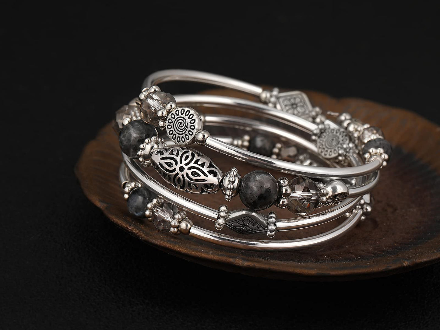 FULU AUTUMN Stackable Beaded Bracelets for Women Boho Wrap Silver Bracelet Layered Fashion Jewelry Gifts for Her(Grey)