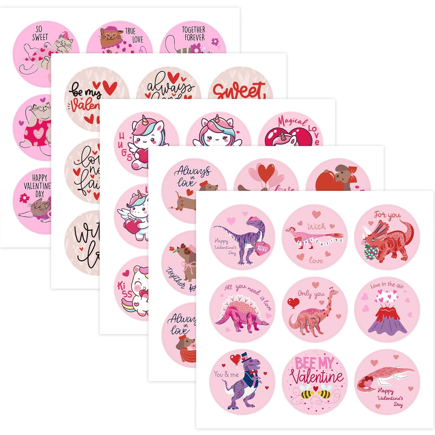 RUSPEPA 270 Pcs Valentine's Day Stickers, 1.5 Inch Round Love Labels with Cute Animals, Unicorns, Dinosaurs & Romantic Quotes, 5 Sets Adhesive Stickers for Gifts, Scrapbooking, Cards, Party Favors