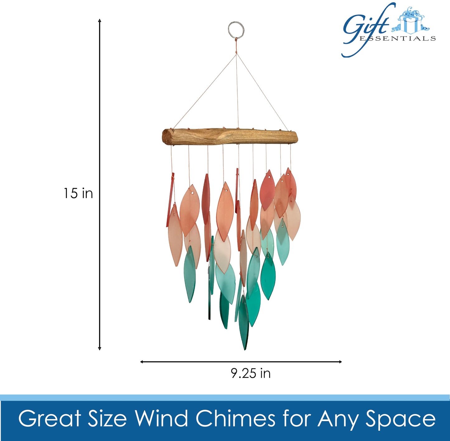 Blue Handworks Coral Ombre Waterfall Glass and Driftwood Chime, Sandblasted Glass and Found Wood Handcrafted Wind Chime