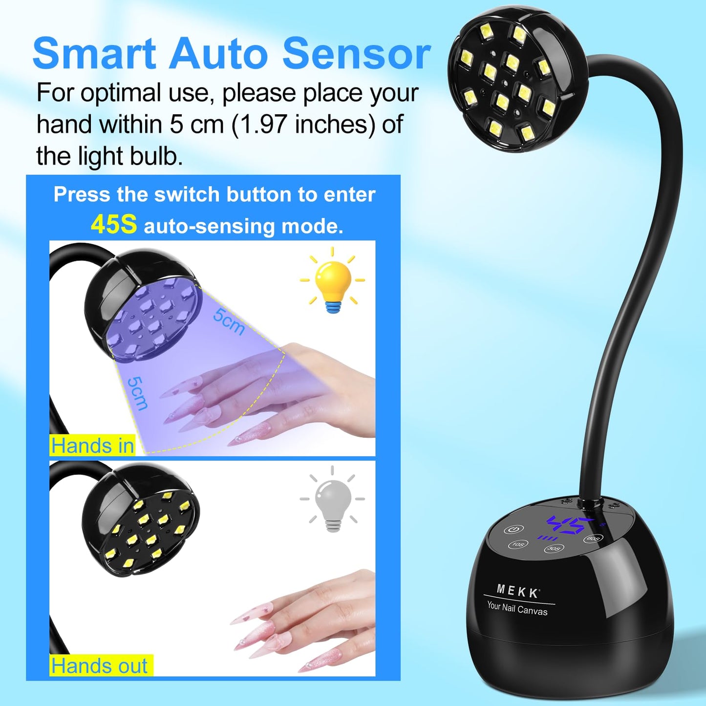 MEKK Gooseneck UV LED Nail Lamp - 36W Cordless Mini UV Light for Gel Nails for Home & Travel, Single Nails Light for Detail Work, Flash Cure Lamp with Auto Sensor, 4 Timers, Flower Design (Black)