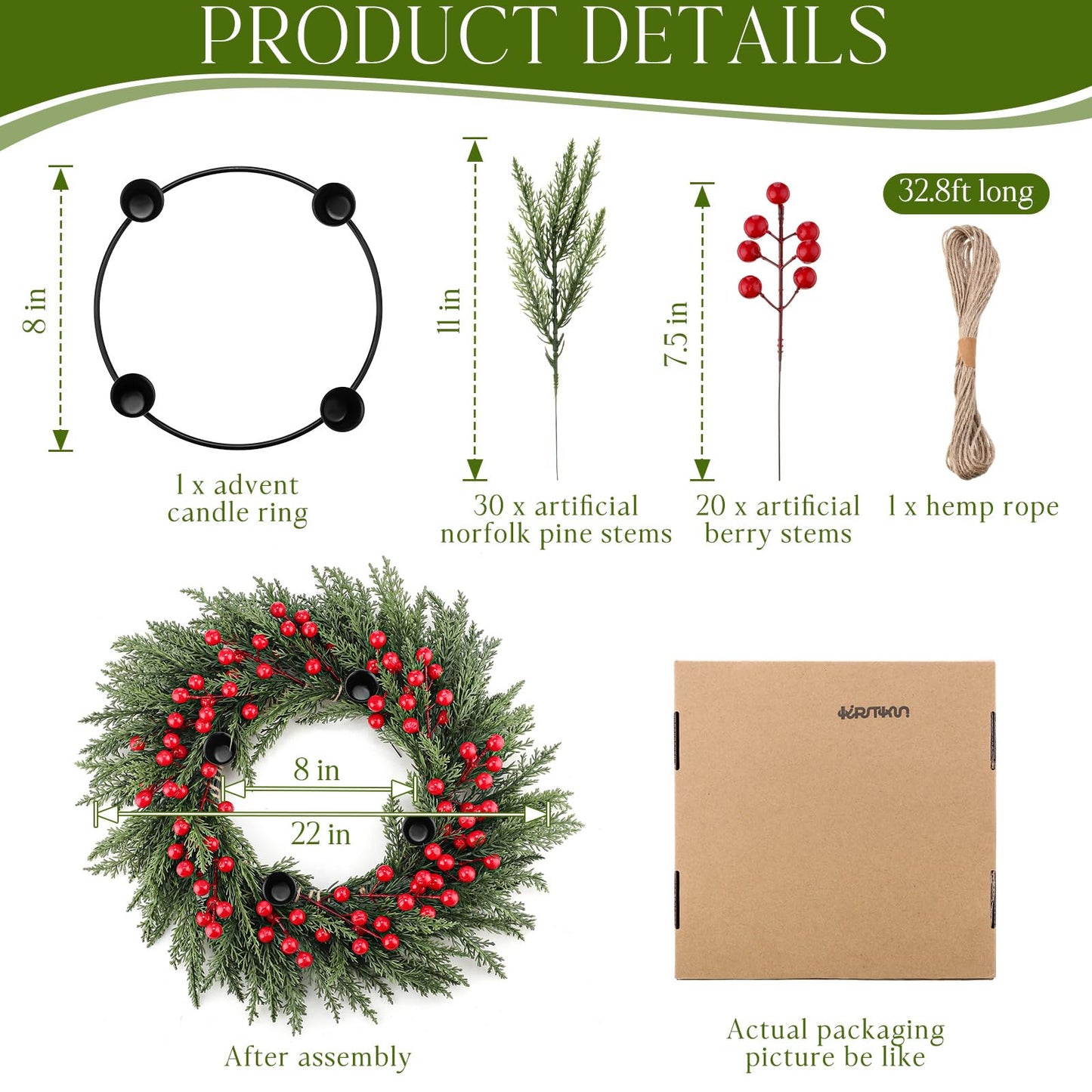 Kritkin Christmas Advent Wreath Ring DIY Candle Holder Traditional Catholic Christmas Decoration Set for Church Table Centerpiece Holiday Decorations Gift (Cypress)