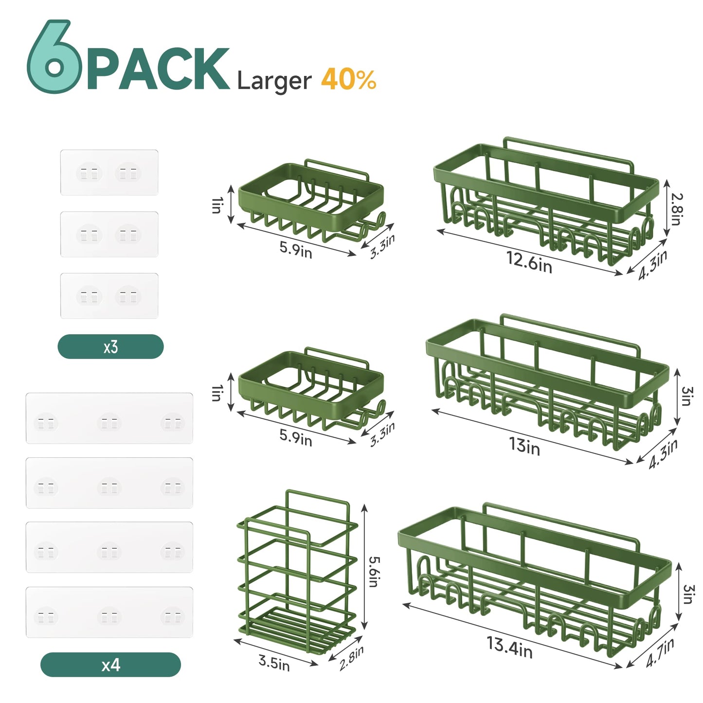 Veken Rustproof & Waterproof Shower Caddy 6-Pack, No Drilling Adhesive Shelves Rack with Soap Holder, Large Capacity Bathroom Organizers and Storage, Wall-Mounted Kitchen & Home Decor, Green
