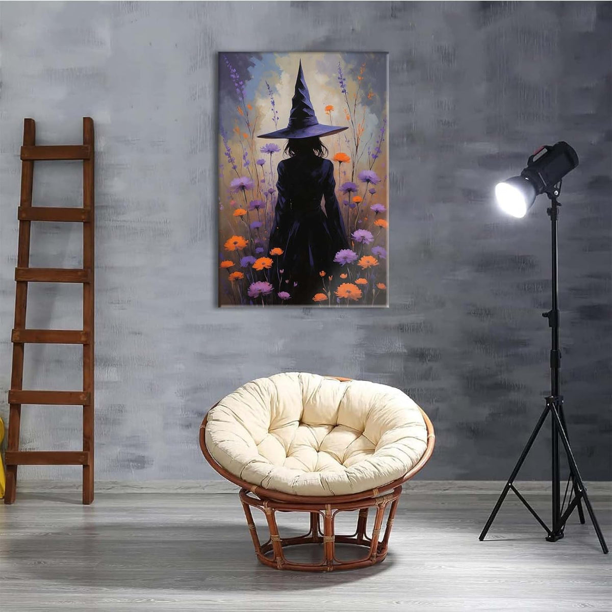 Country wildflower witch canvas print halloween mashup art witch purple decoration bohemian elegant art poster24x36in Wood Framed