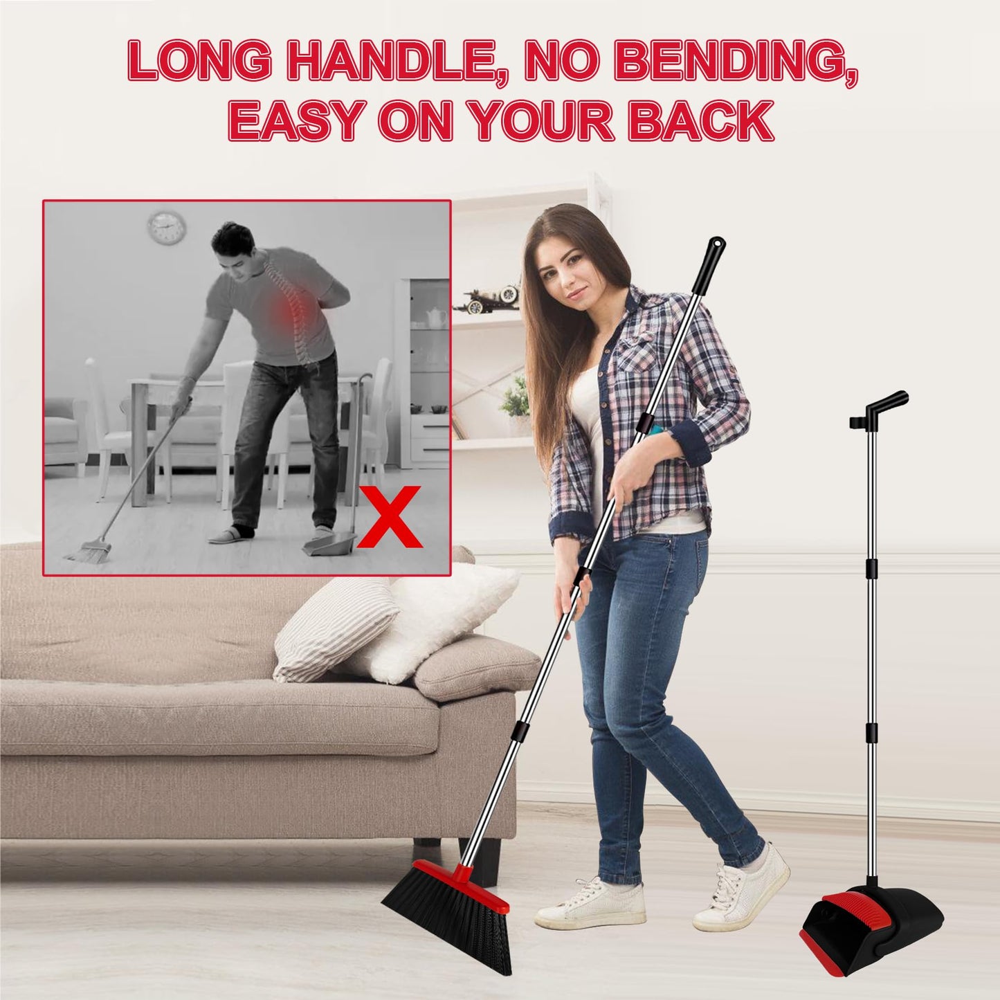 UDUK Broom with Dustpan Combo Set and Silicone Air Broom Kit, 51" Long Handle Floor Squeegee, Red Household Kit for Glass Window Rugs Pet Hair Home