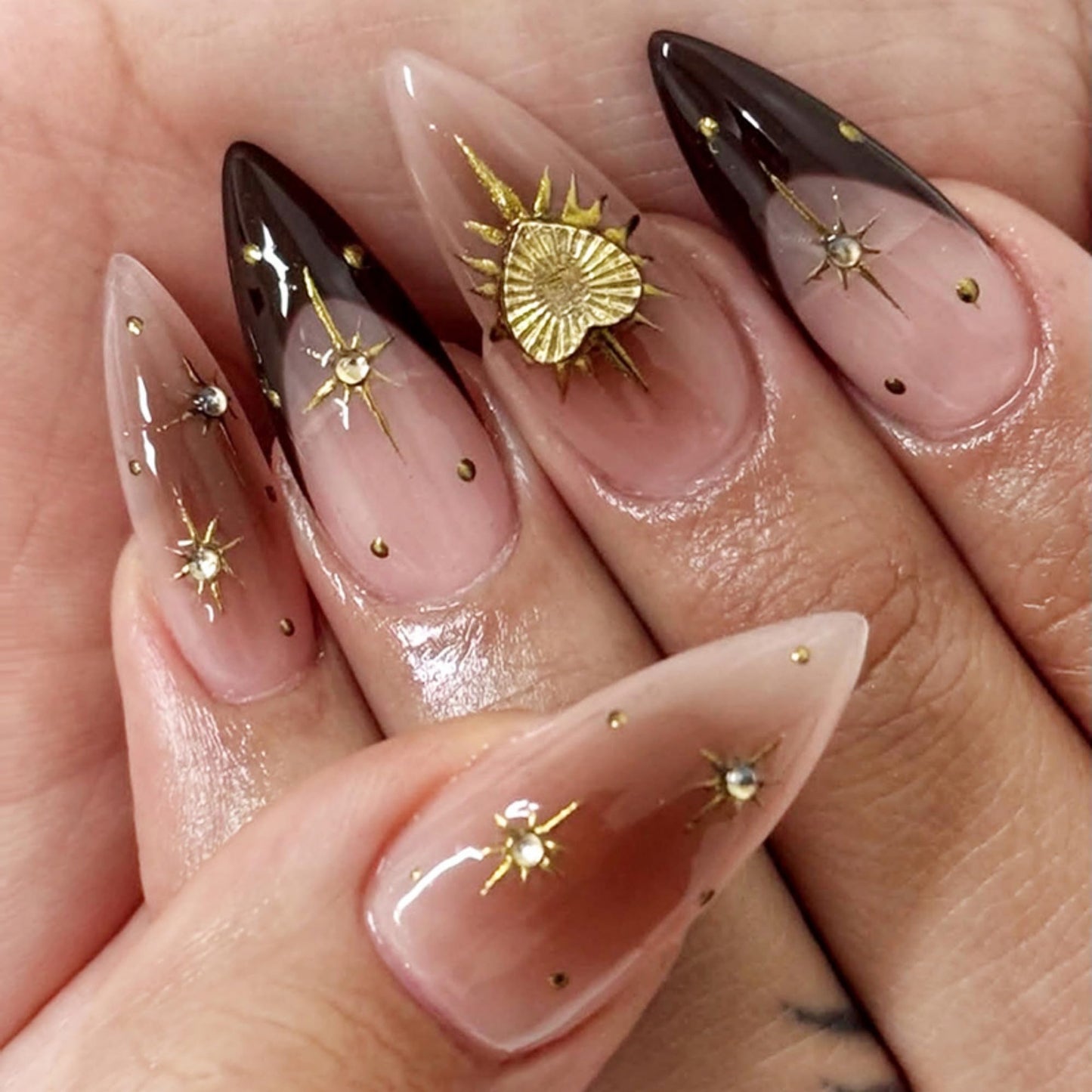 SEENEEY Almond Press on Nails Long Fake Nails Black Artificial Nail Gold Charm Designs Stick on Nail for Women 24pcs