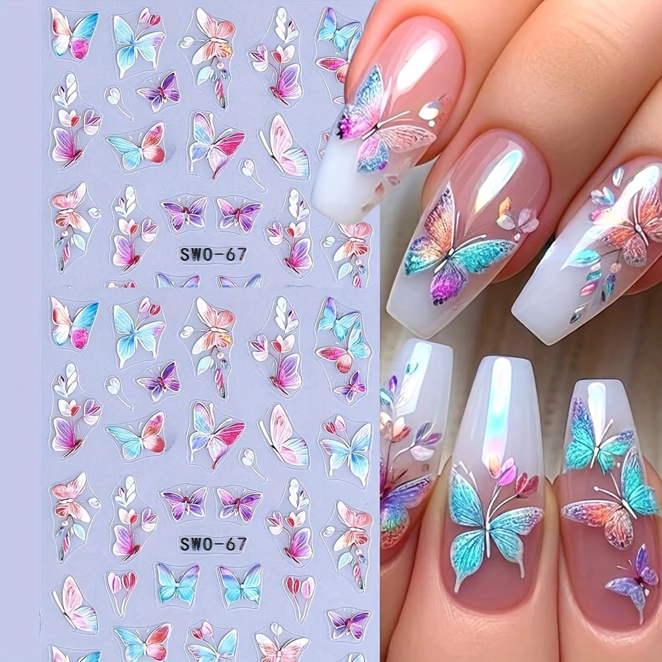 2Pcs 3D Gradient Butterfly Embossed Nail Stickers, Multicolor Butterfly Leaves Nail Decals Cute Spring Summer Manicure DIY Y2K Style Self-Adhesive Gel Decals Sliders Nail Art Decoration Nail Supplies