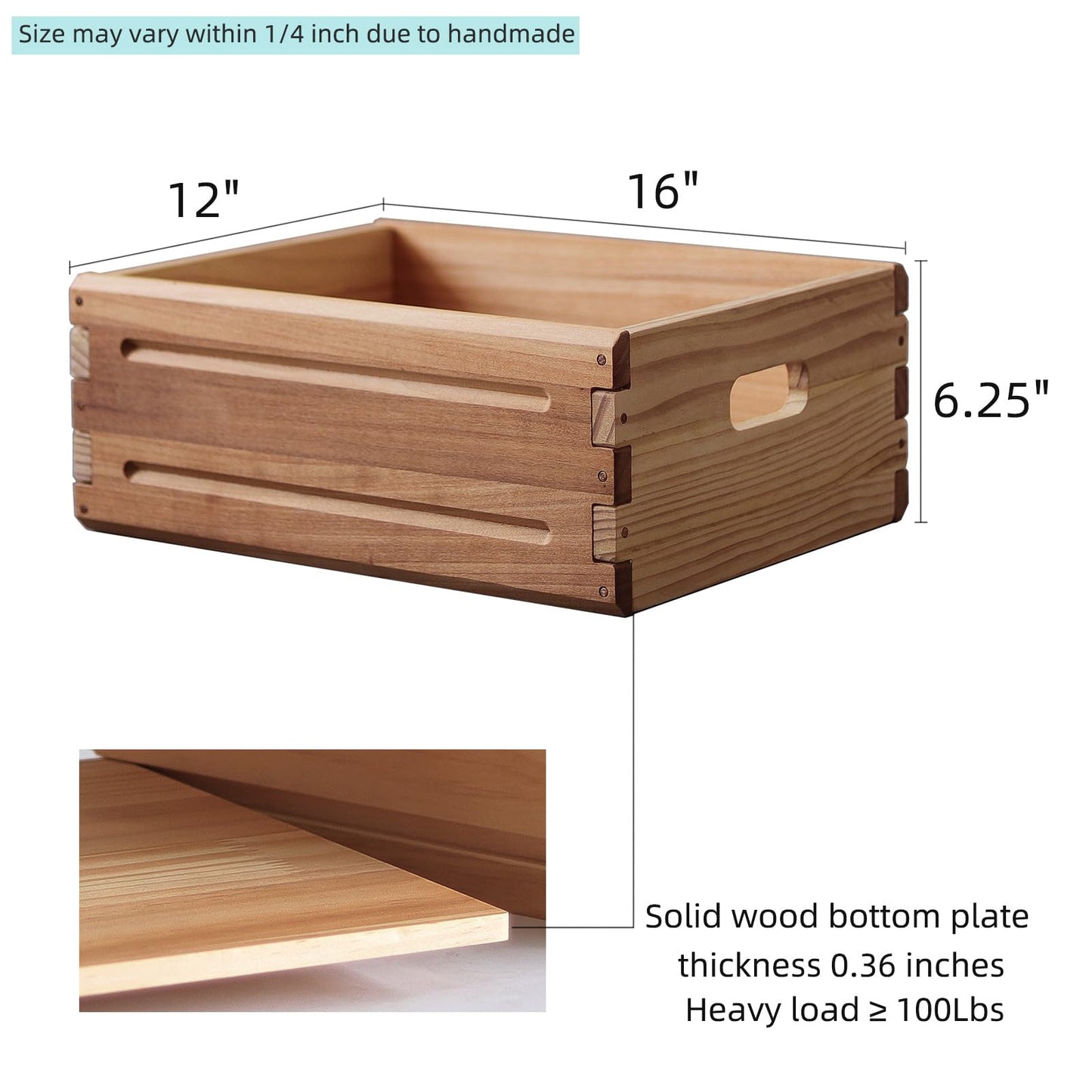 KLZLQ-XINCHEN 1 Pack Wooden Storage Bin of 16"x12"x6.25".Durable Open Solid Wood Box w/Handles.Farmhouse Container Shelf Baskets. Multipurpose Home Décor Organizer Crates for Display,Pantry,Book,CD
