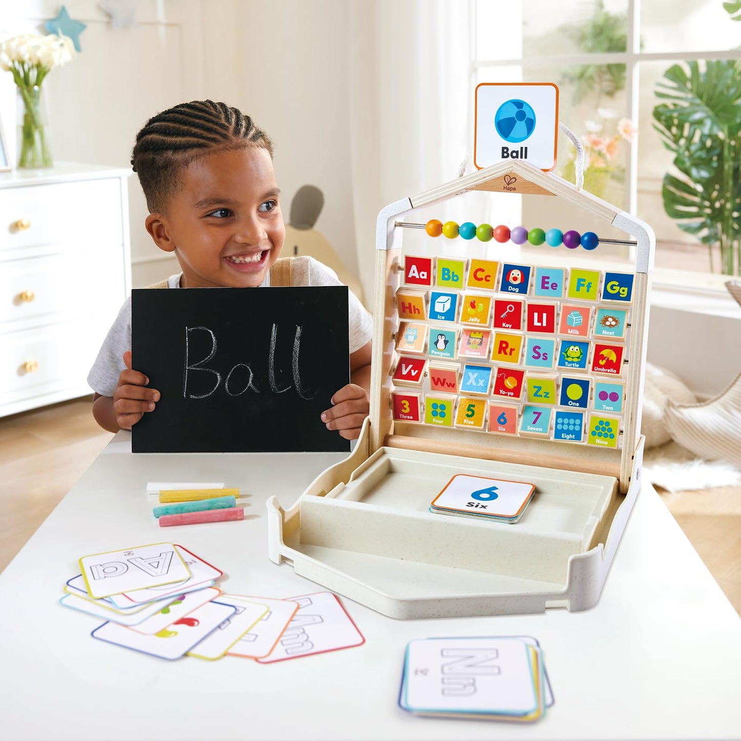 Hape Alphabet Learning Pack & Chalkboard Set for Toddlers - 35 Letter and Number Cards with Writing Board and Chalk - Educational STEM Toy for 3-6 Year Olds - Portable Travel Learning Case