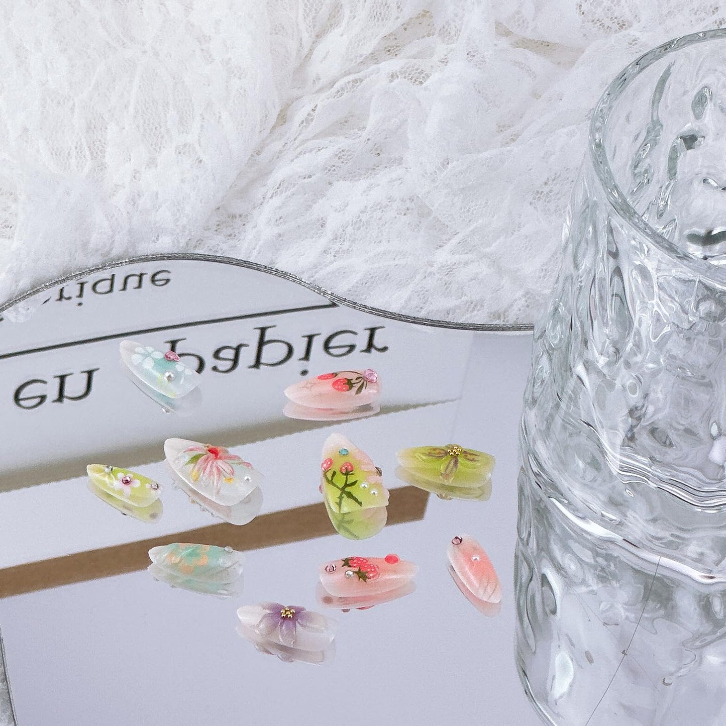 30Pcs 3D Flower Press on Nails Medium Almond Fake Nails with Pearl Rhinestones Designs Fill Cover Glue on Nails Cute Strawberry Acrylic Nails Pink Bow False Nails Star Floral Stick on Nails for Women