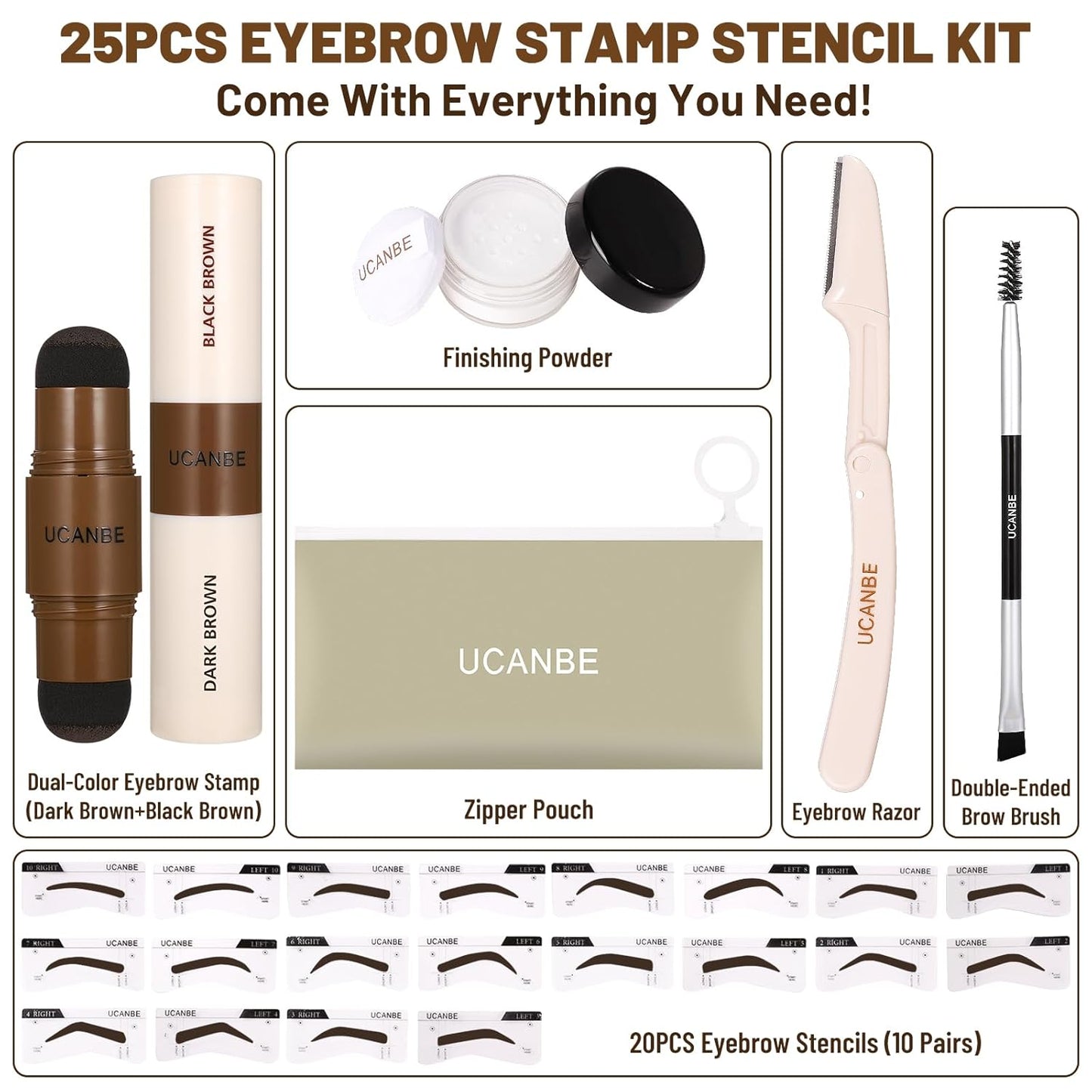 UCANBE 25PCS Eyebrow Stamp Stencil Kit With Dual-Color Eyebrow Stamp Pomade,20 Reusable Eyebrow Stencils,Finising Powder,Brush,Eyebrow Razor,Zipper Pouch,Waterproof Eye Brow Stamping and Shaping Kit04