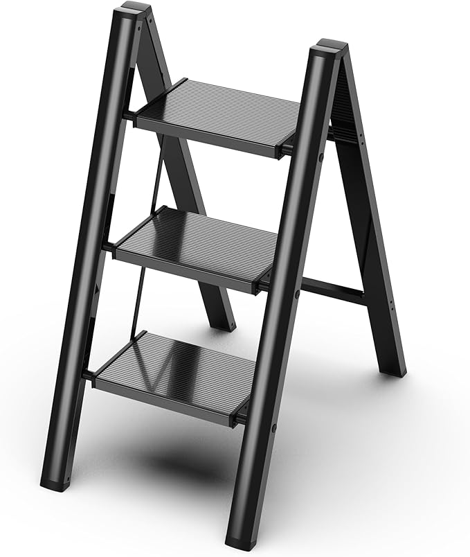 GameGem 3 Step Ladder, Folding Step Stool with Wider Pedal, Anti-Slip Feet & Non Slip Stripes, Aluminum Sturdy Material, 300Lbs Capacity, Elegant Look of Piano Black Better Matches Your Home