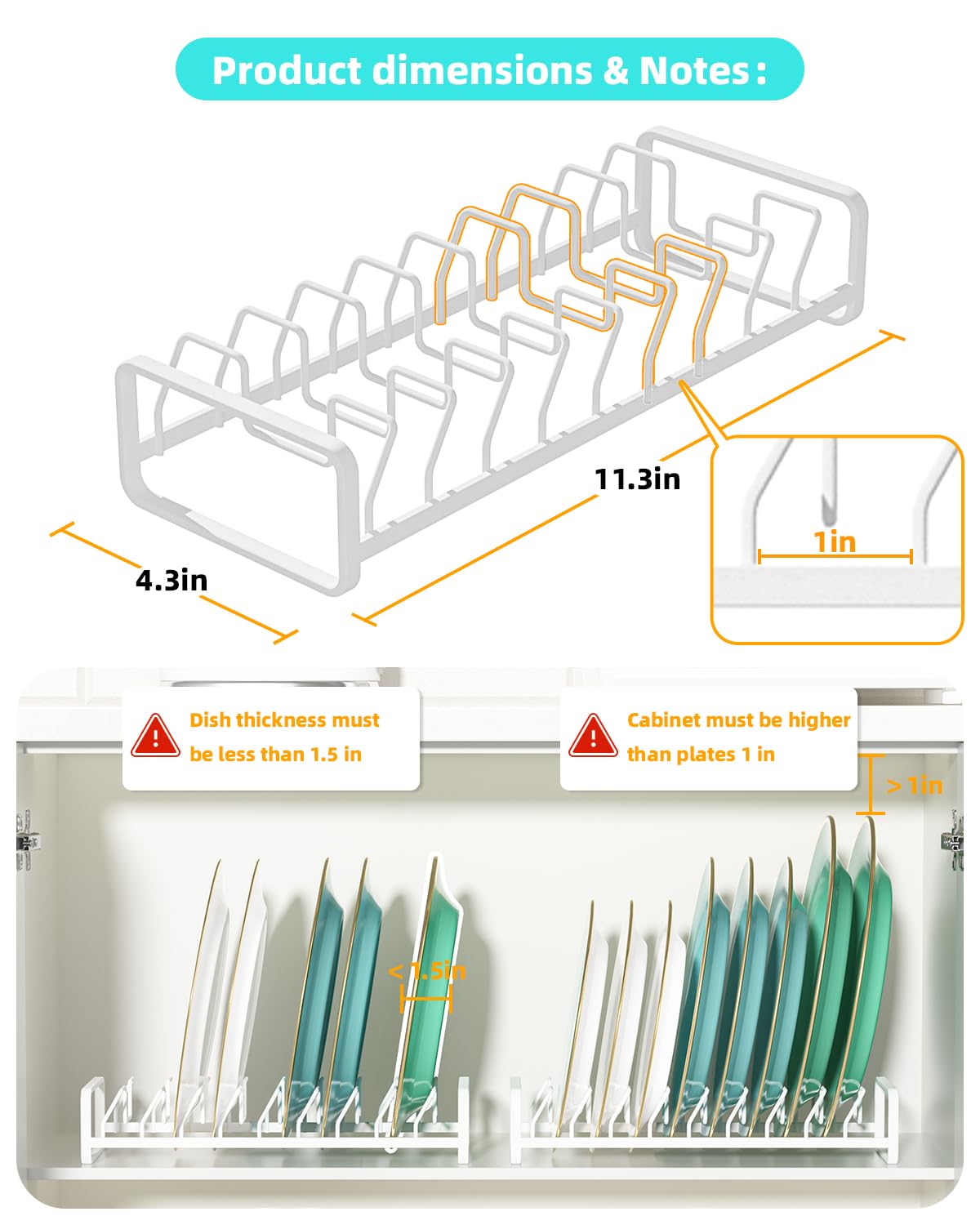 Plate Organizer for Cabinet (2-Pack),Kitchen Dish Rack Organizer for Cabinet Countertop Drawer Space Saver，8 Slots Vertical Plate Holder Storage Rack, Housewarming Kitchen Gifts for Women (White)