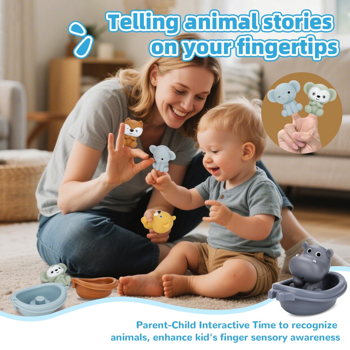 BOBOBELL Bath Toys Float Boats for Kids Ages 18M+,Stackable Floaty Boat,Animal Finger Puppets,Toddler Toys Gifts for 2-4 Year Old Baby Gifts Valentines Easter Basket