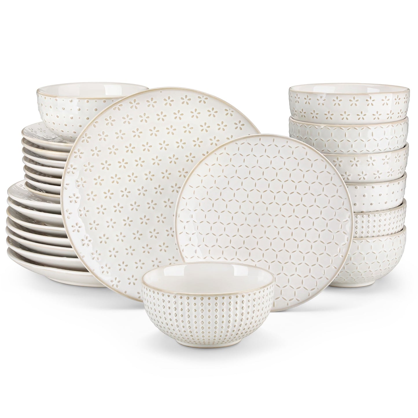 MALACASA 24 Piece Dinnerware Set, Embossed Ceramic Dish Sets Service for 8, Plates and Bowls Set, Durable Stoneware Tableware for Family Dinners, Dishwasher & Microwave Safe