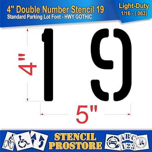 Pavement, Curb, and WheelStop Stencils - 4 inch Double Number Stencil - (19) - 4" x 4" x 1/16" (63 mil) - Light-Duty