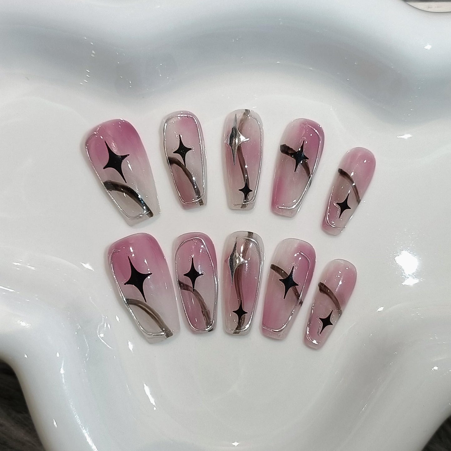 TENPAL Pink Ombre Silver Coffin Acrylic Nails,Handmade Press On Nails With Tools,Glossy Y2K Star Glitter Designs Glue on Nails,Cute Cool Retro Kawaii Kpop False Fake Nails for Women 10Pcs(S)