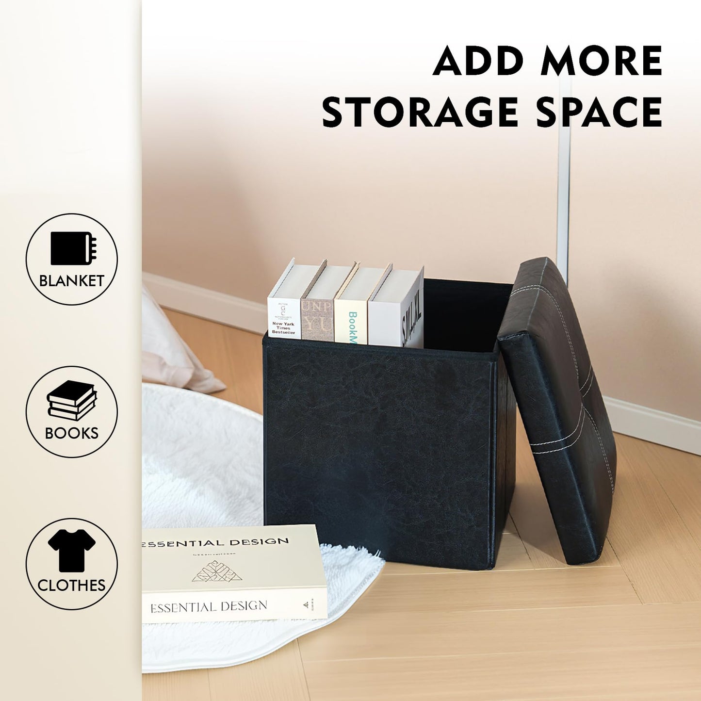 B FSOBEIIALEO Storage Ottoman with Faux Leather Foldable Small Square Foot Rest Coffee Table Black 11.8"X 11.8" X 11.8"