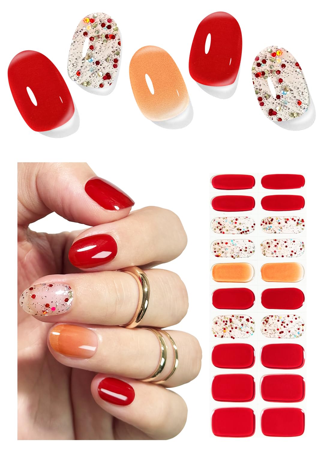 Semi Cured Gel Nail Strips, Red Paillette 20pcs Adhesive UV Sticker, Wraps for Home Manicure DIY