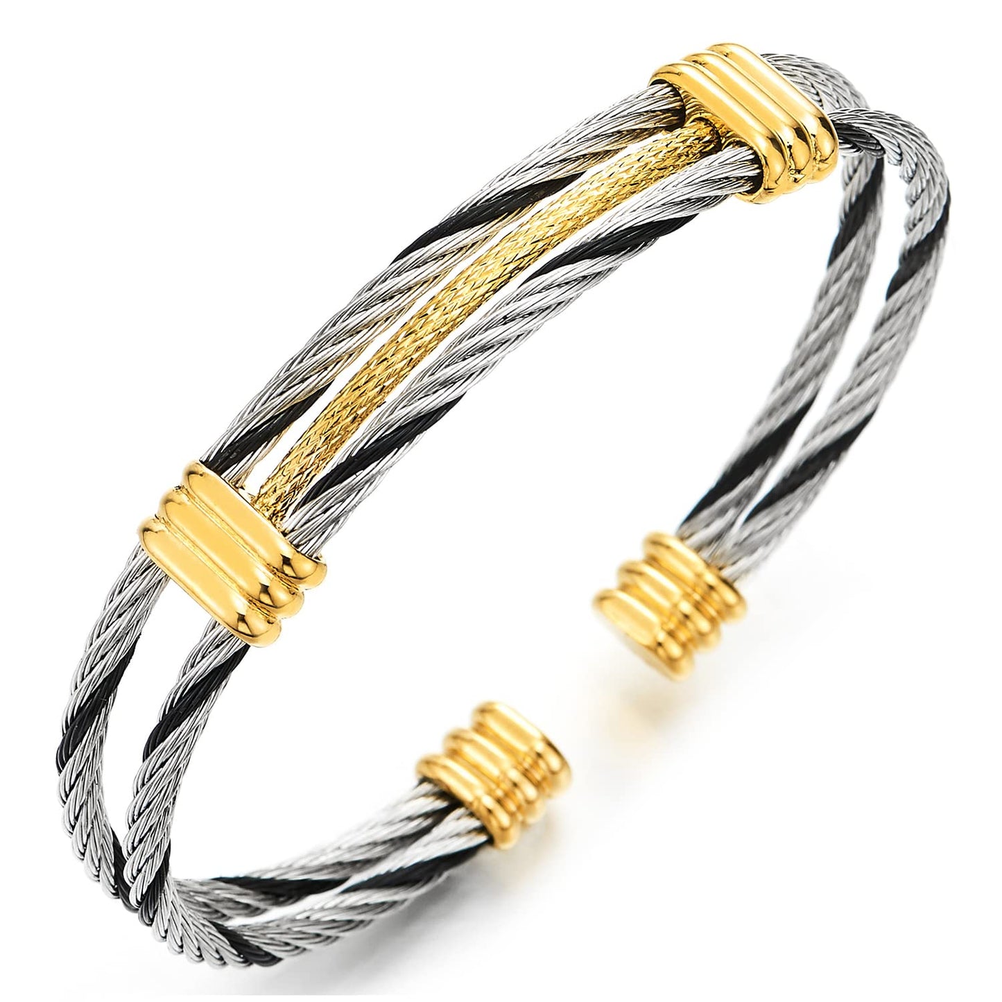 COOLSTEELANDBEYOND Men Women Silver Gold Black Stainless Steel Twisted Cable Adjustable Cuff Bangle Bracelet